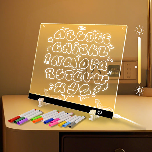 Acrylic Dry Erase Board with LED Light, 11.8"x7.9" Clear Glow Memo, Brightness Control, 7 Color Markers, Writable Night Light & Desktop Charm, All-in-One Board (Black)