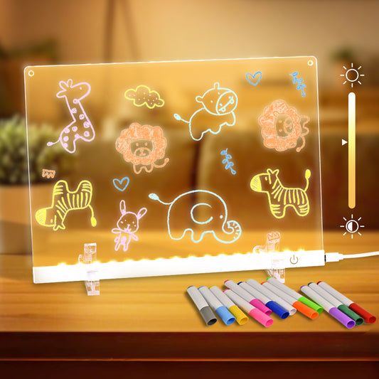 Acrylic Dry Erase Board with LED Light, 11.8"x7.9" Clear Glow Memo, Brightness Control, 7 Color Markers, Writable Night Light & Desktop Charm, All-in-One Board (White)