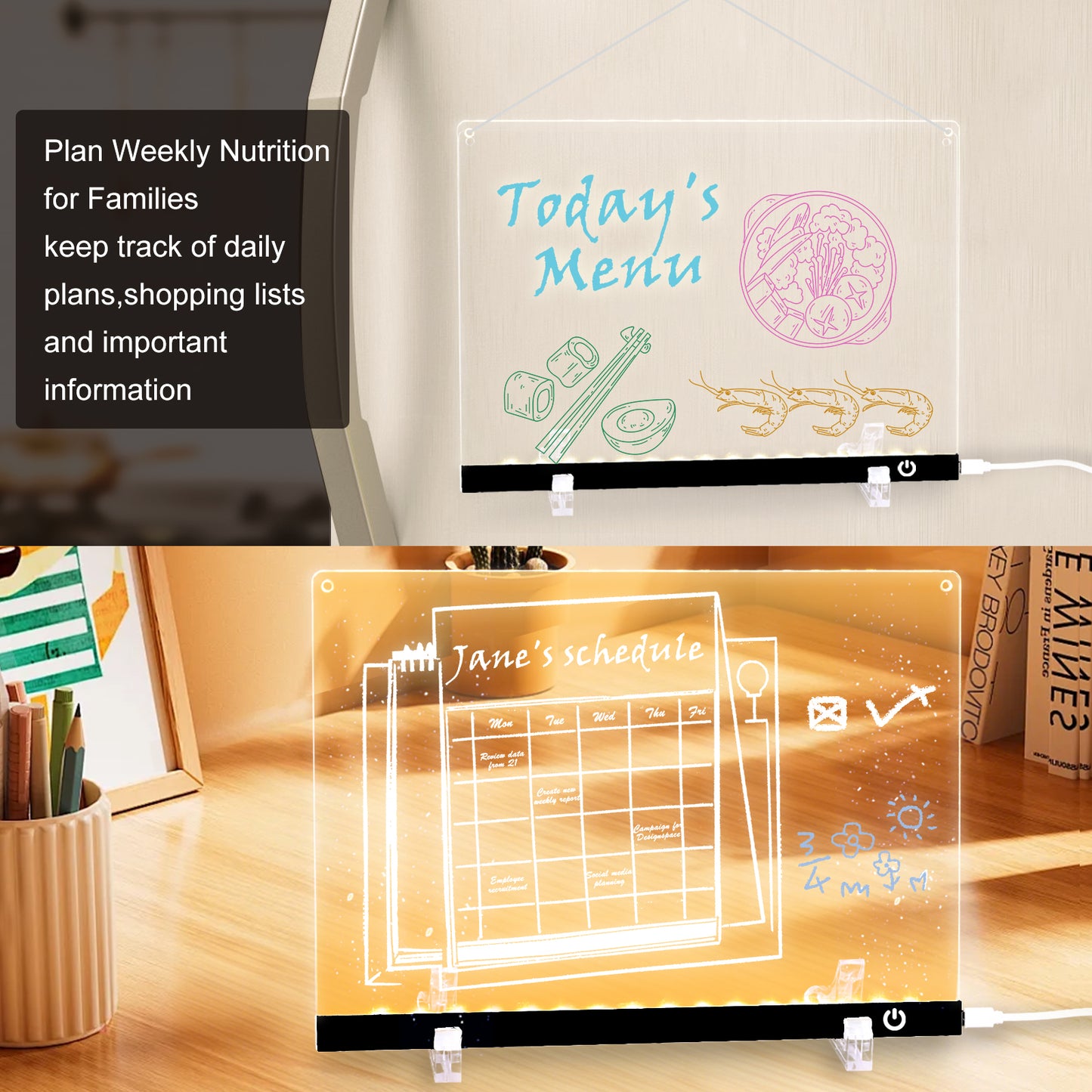 Acrylic Dry Erase Board with LED Light, 11.8"x7.9" Clear Glow Memo, Brightness Control, 7 Color Markers, Writable Night Light & Desktop Charm, All-in-One Board (Black)
