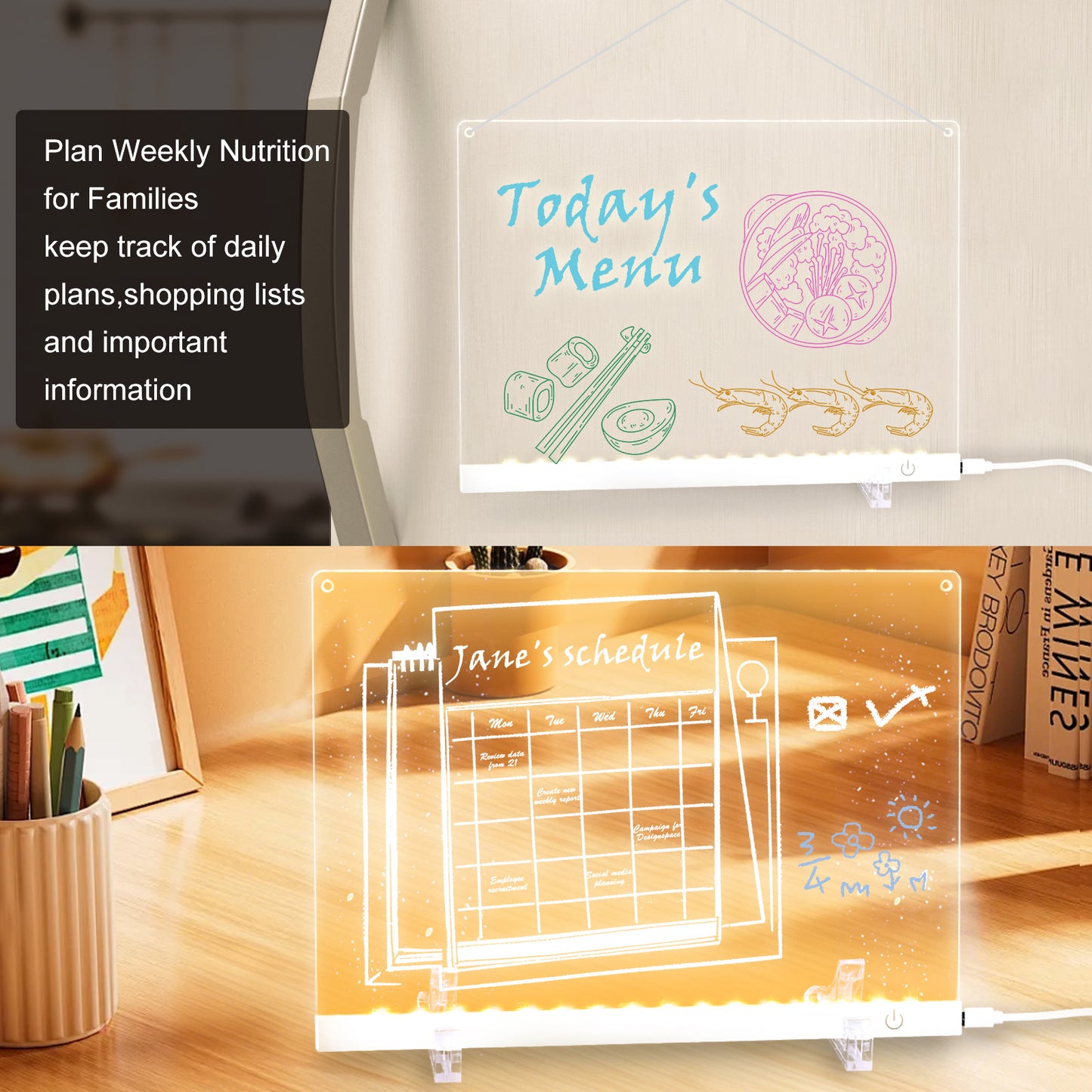 Acrylic Dry Erase Board with LED Light, 11.8"x7.9" Clear Glow Memo, Brightness Control, 7 Color Markers, Writable Night Light & Desktop Charm, All-in-One Board (White)